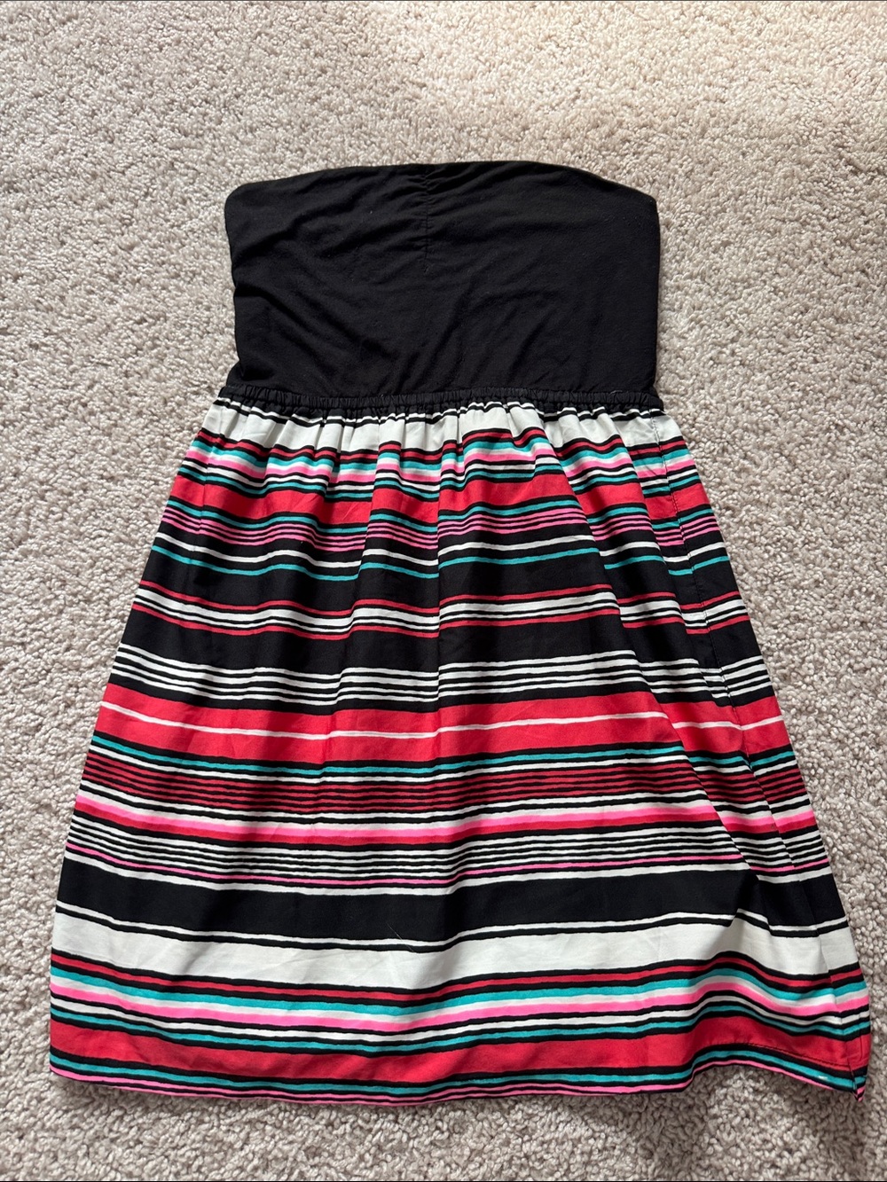 Roxy Strapless Black Top with Pink, Teal & White Striped Dress Small